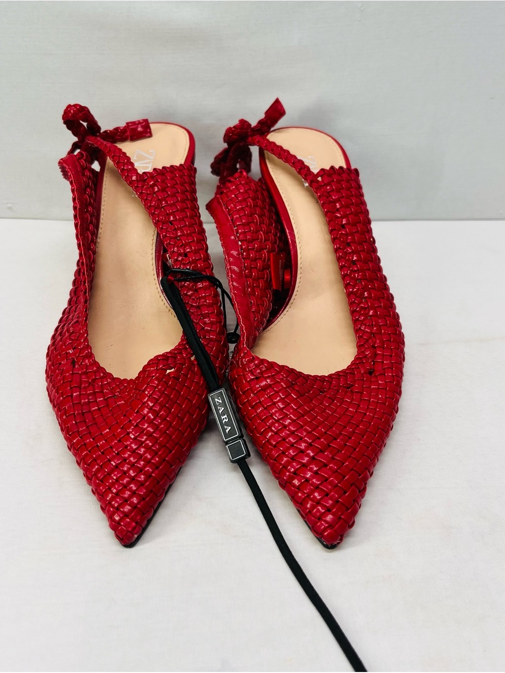 Zara Red Braided Pointed-Toe Slingback Flats with a bow